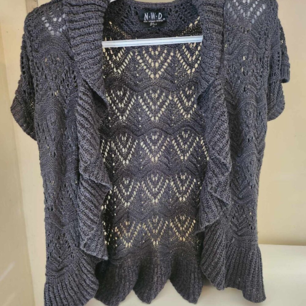 NWD Crochet Ruffle Trim Cardigan Gray 1x Short Sleeve